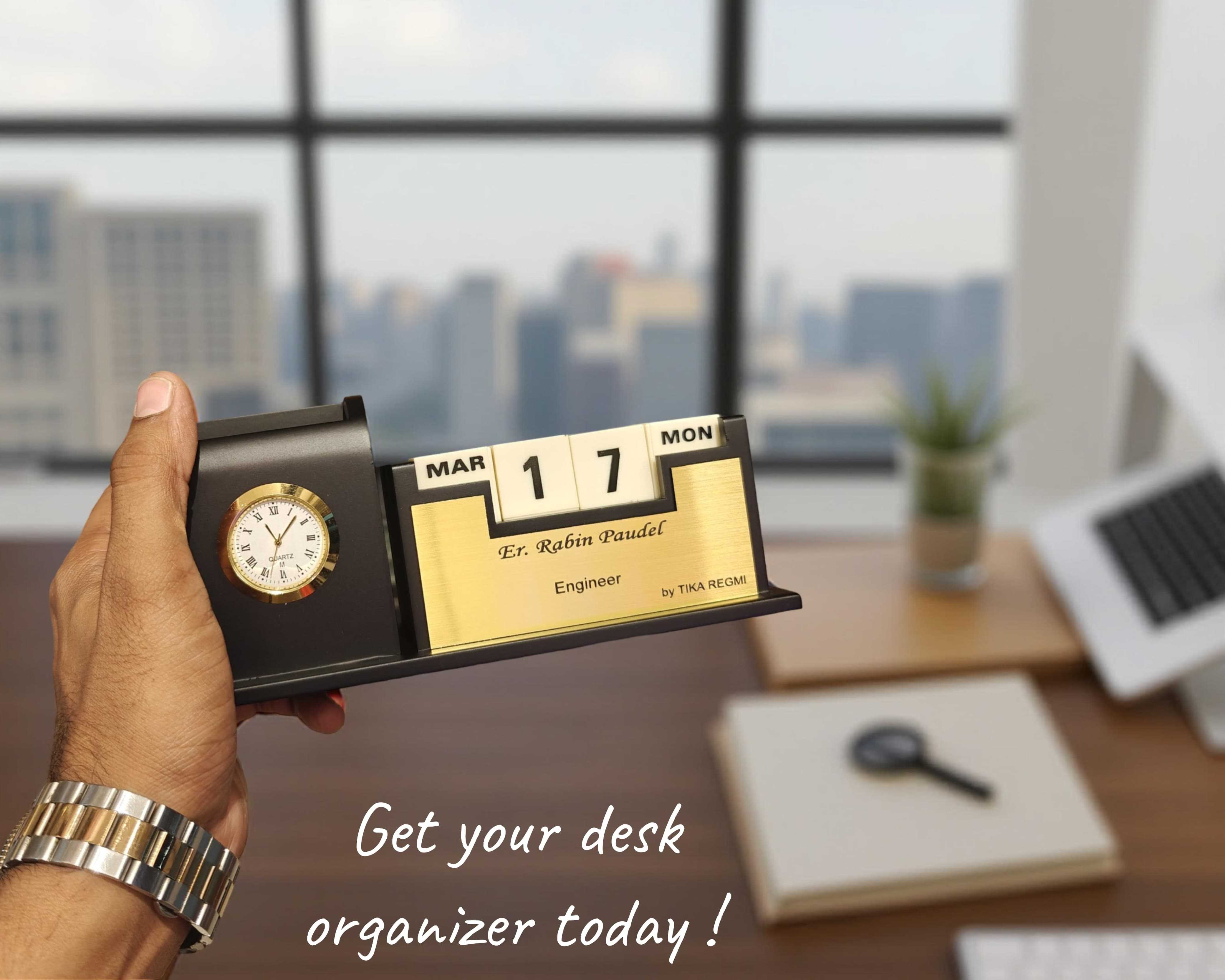Custom Wooden Table top Desktop Organizer with Lifetime Calender