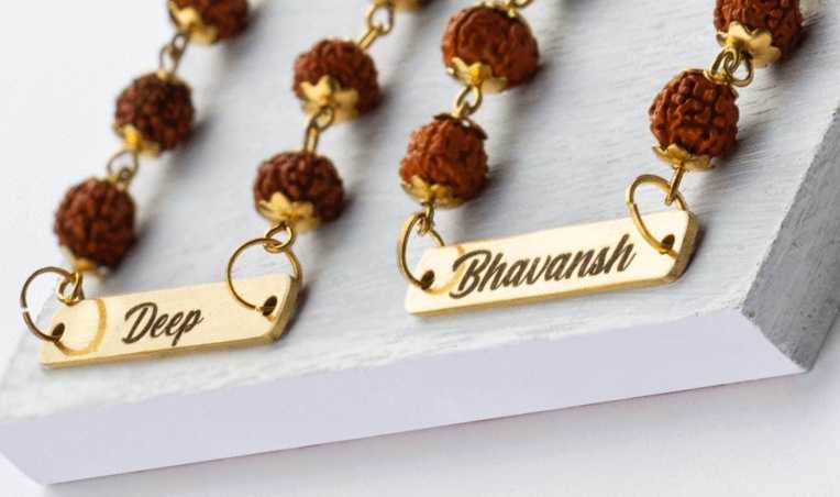 Customised Metal Rakhi with Rudraksha (Set of 2 Rakhis)
